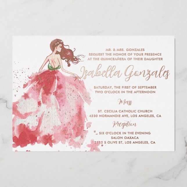 Rose Gold Sparkle Kleid Quinceañera Einladung (Vorderseite)