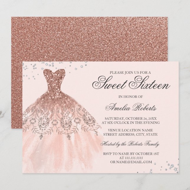 Rose Gold Sparkle robe Sweet sixteen Invitation (Devant / Derrière)