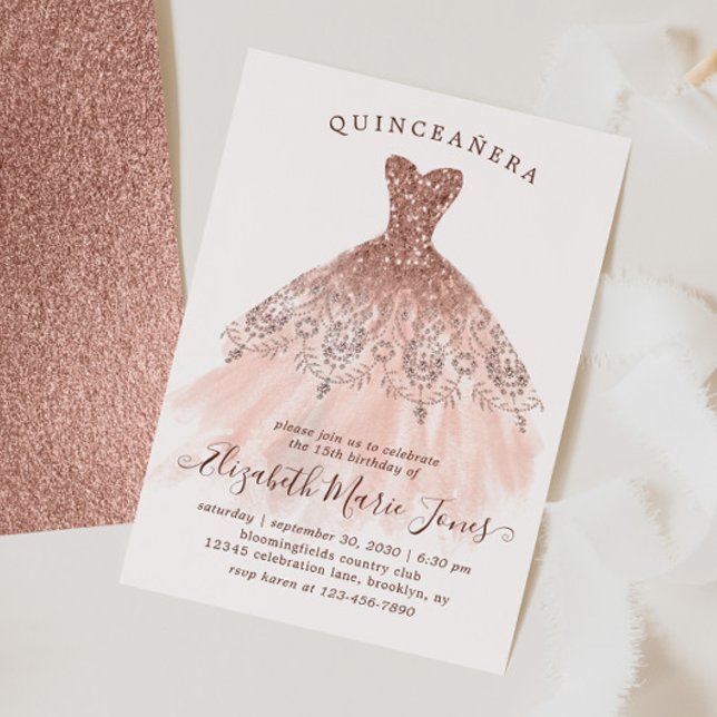 Rose Gold Sparkle Rosa Kleid QUINCEAÑERA Geburtsta Einladung (Von Creator hochgeladen)