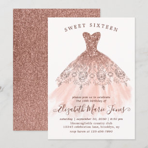 Rose Gold Sparkle Rosa Kleid Sweet 16. Geburtstag Einladung