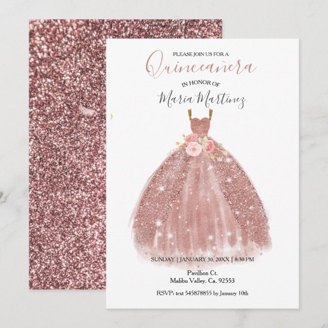 Rose Gold Sparkle Rose Fleurs Quincean Invitation (Devant / Derrière)