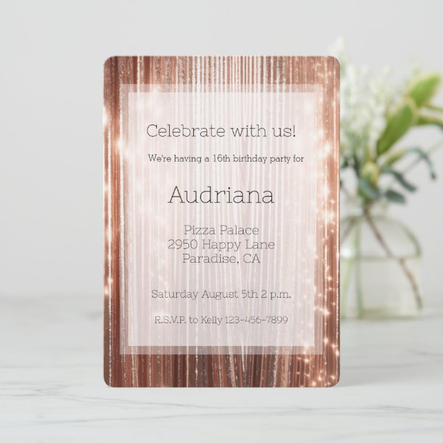Rose Gold Sparkle Tinsel Streifen 16. Geburtstag Einladung (Stehend Vorderseite)