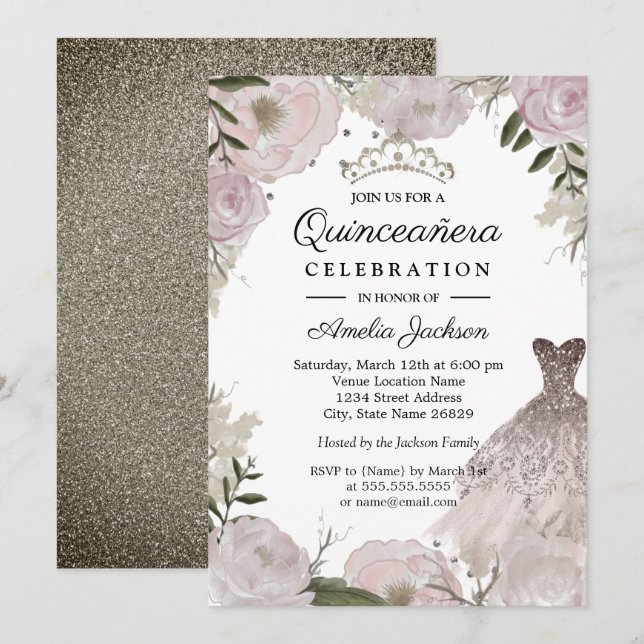 Rose Gold Sparkleider Blumenkohl Quinceanera Einladung (Vorne/Hinten)