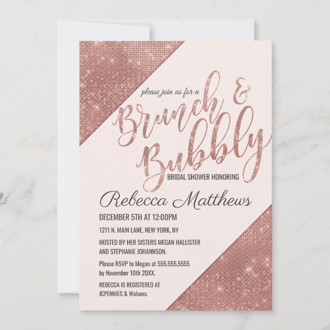 Rose Gold Sparkling Glitzer Sequin Brunch Bubbly Einladung (Vorderseite)