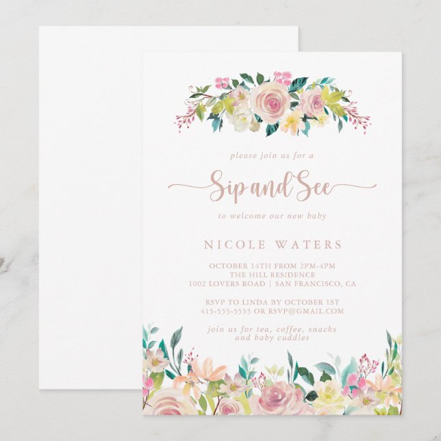 Rose Gold Spring Blumensip und sehen Einladung (Vorne/Hinten)