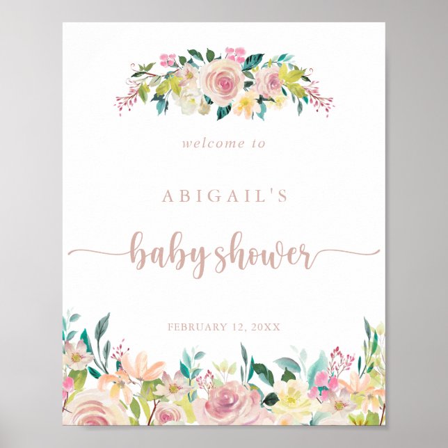 Rose Gold Spring Floral Baby Dusche Willkommen Poster (Vorne)