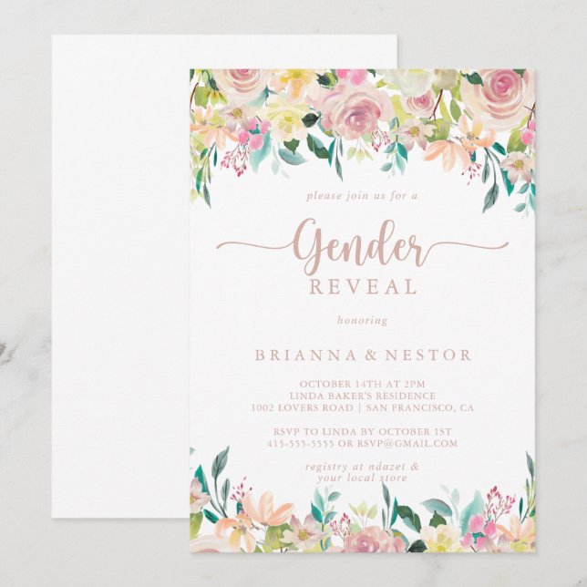 Rose Gold Spring Floral Gender Reveal Party Einladung (Vorne/Hinten)