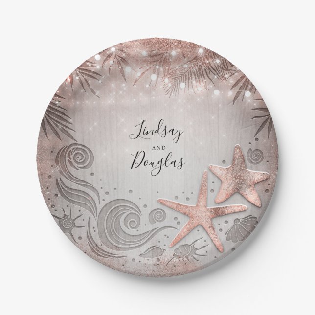 Rose Gold Starfish Tropical Beach Hochzeit Pappteller (Vorderseite)