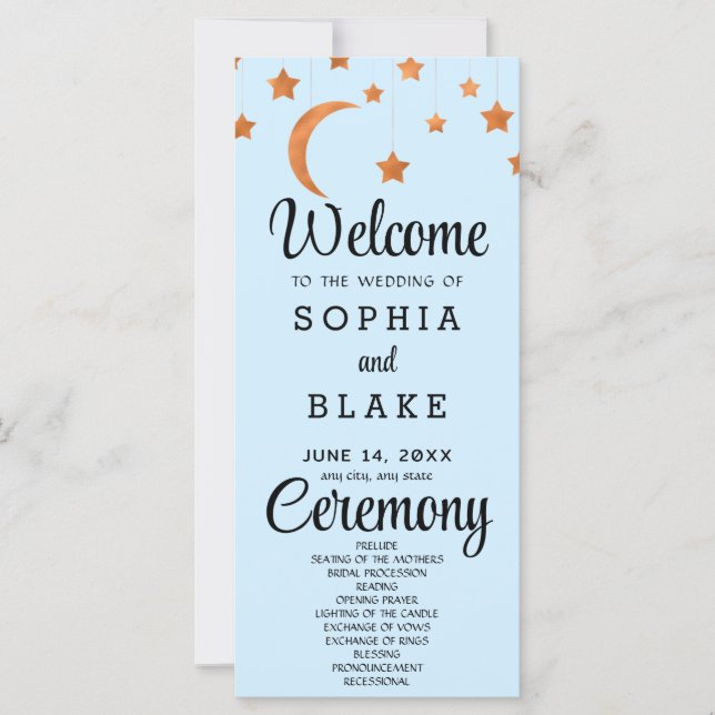 Rose Gold Stars Crescent Moon Blue Wedding Program (Vorderseite)