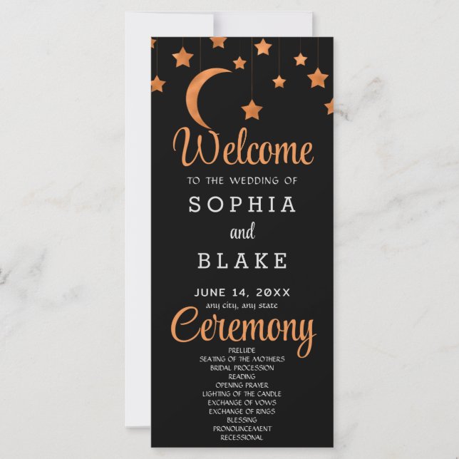 Rose Gold Stars Moon Black Wedding Programm (Vorderseite)