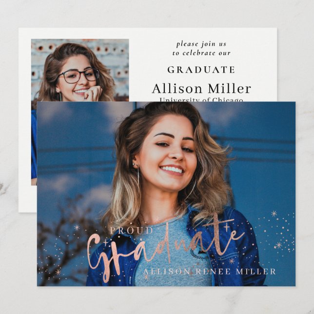 Rose Gold Stars Proud Graduate Foto Abschluss Einladung (Vorne/Hinten)