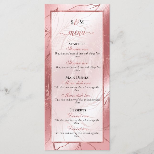 Rose Gold staubige Rose Rosa klassische Hochzeit Menükarte (Vorderseite)