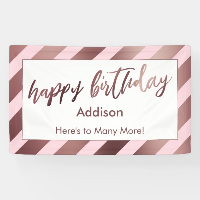 Rose Gold Streifen auf Pastel Pink Happy Geburtsta Banner (Horizontal)