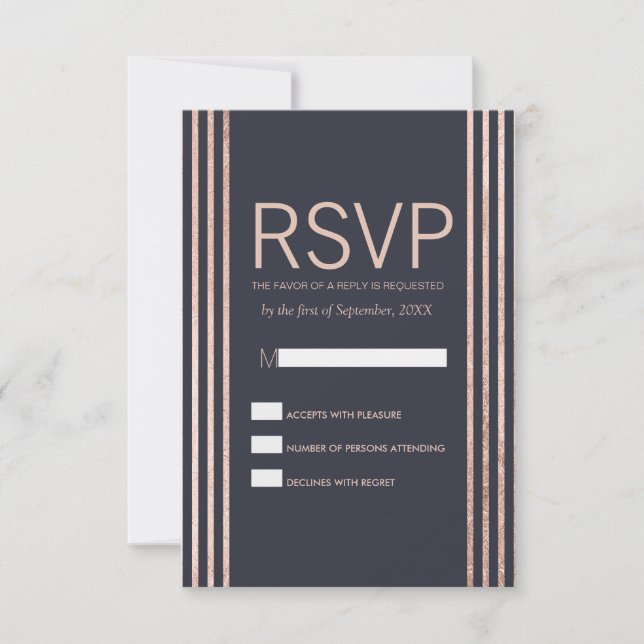Rose Gold Streifen und Navy Blue RSVP Karten (Vorderseite)