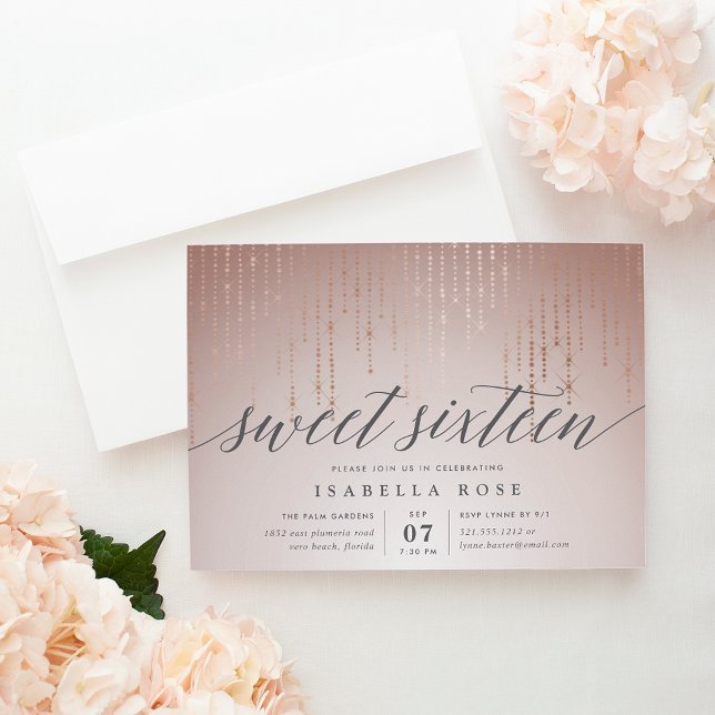 Rose Gold String Lights Sweet sixteen Invitation (Créateur téléchargé)