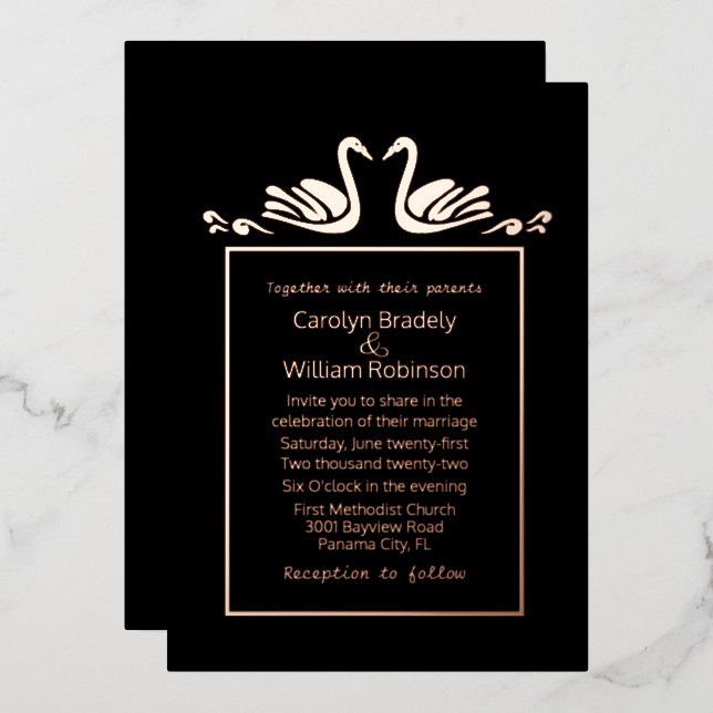 Rose Gold Swans Black Wedding Folieneinladung (Vorderseite/Rückseite)