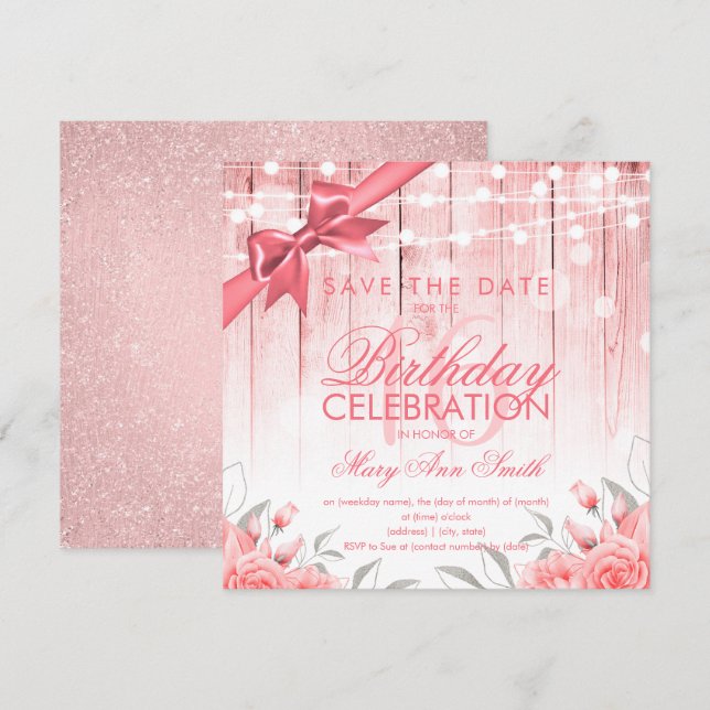 Rose Gold Sweet 16 Elegante Blume & Glitzer Einladung (Vorne/Hinten)