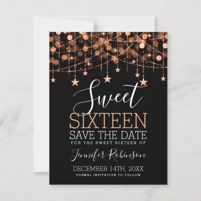 Rose Gold Sweet 16 Funkelnd String Lights Rett Dat Save The Date (Vorderseite)