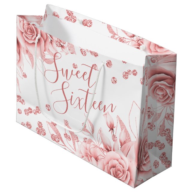 Rose Gold Sweet 16 Glitzer Confetti Floral Große Geschenktüte (Vorderseite Schrägansicht)