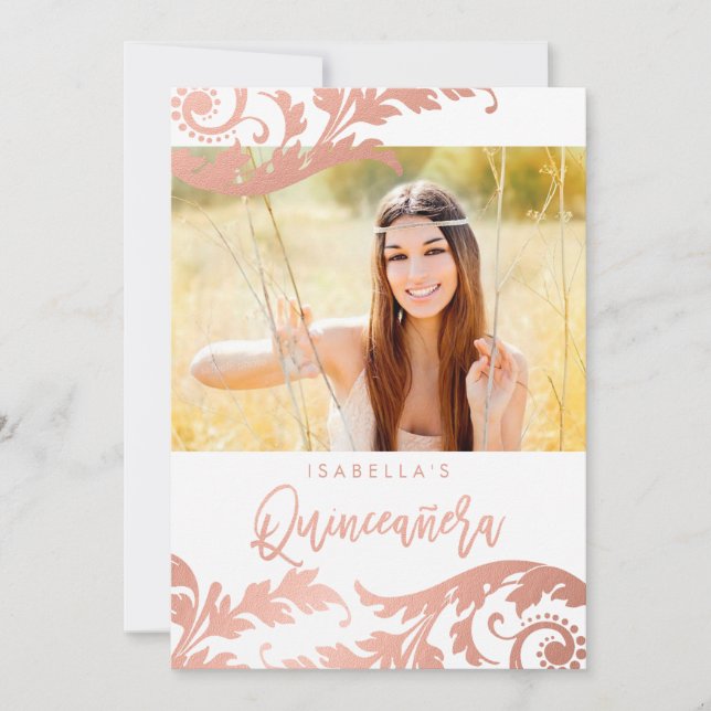 Rose Gold Swirls Photo Quinceanera Invitations (Devant)
