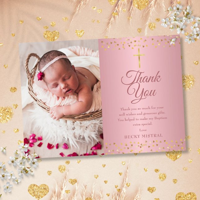Rose Gold Taufe Christening Hearts Foto Dankeskarte (Rose Gold Baptism Christening Hearts Photo Thank You Card)