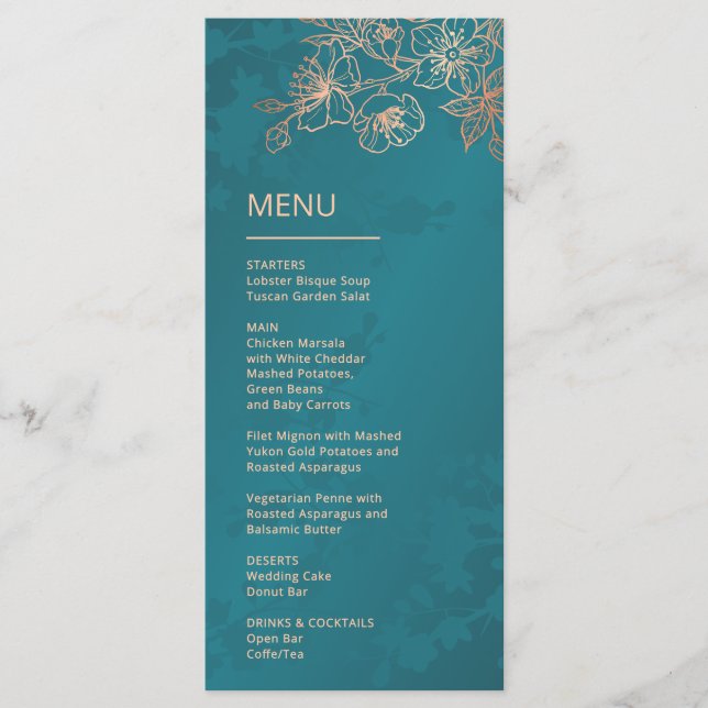 Rose Gold Teal Floral Line Art Wedding Menükarte (Vorderseite)