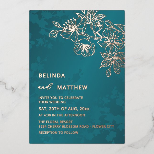 Rose Gold Teal Floral Wedding Folieneinladung (Vorderseite)