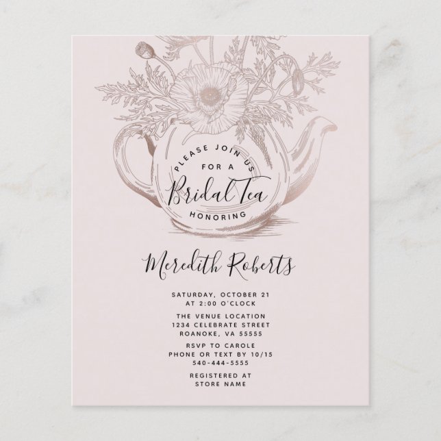 Rose Gold Teapot Bridal Tee Einladung (Vorderseite)