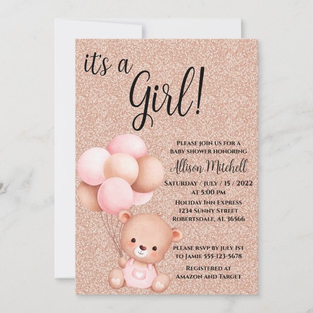 Rose Gold Teddy Bear Baby Dusche Einladung (Vorderseite)