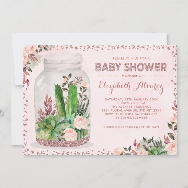 Rose Gold Terrarium Baby Shower Cactus Pink Floral Einladung (Vorderseite)