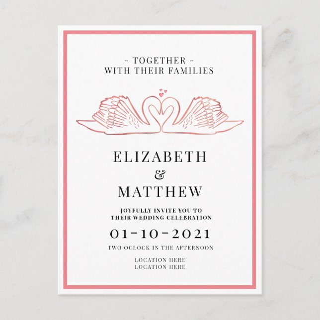 Rose Gold Themed mit Swans Hochzeit Einladungspostkarte (Vorderseite)