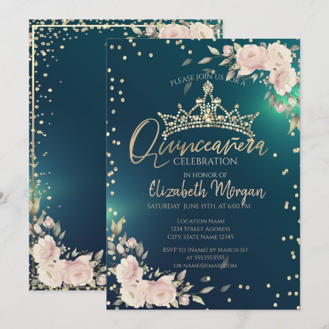 Rose, Gold Tiara, Diamonds Green Quinceañera Einladung (Vorne/Hinten)