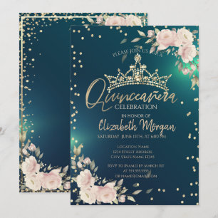 Rose, Gold Tiara, Diamonds Green Quinceañera Einladung