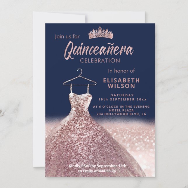 Rose gold tiara sequins kleid Quinceañera Marine Einladung (Vorderseite)