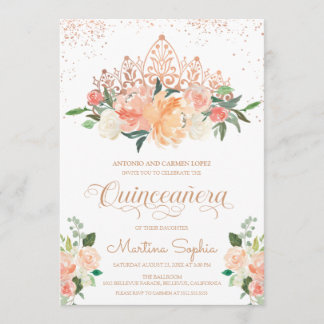 Rose Gold Tiara und Blush Pink Florals Quinceanera Einladung