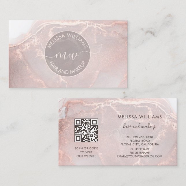 Rose Gold Tintenmarmor | QR-Code Visitenkarte (Vorne/Hinten)