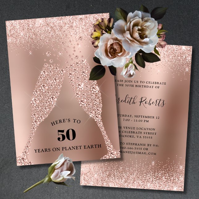 Rose Gold Toast der Bubbly 50. Geburtstag Einladung (50th Birthday Party Invitation Rose Gold Foil Blush Pink Glitter Champagne Toast)
