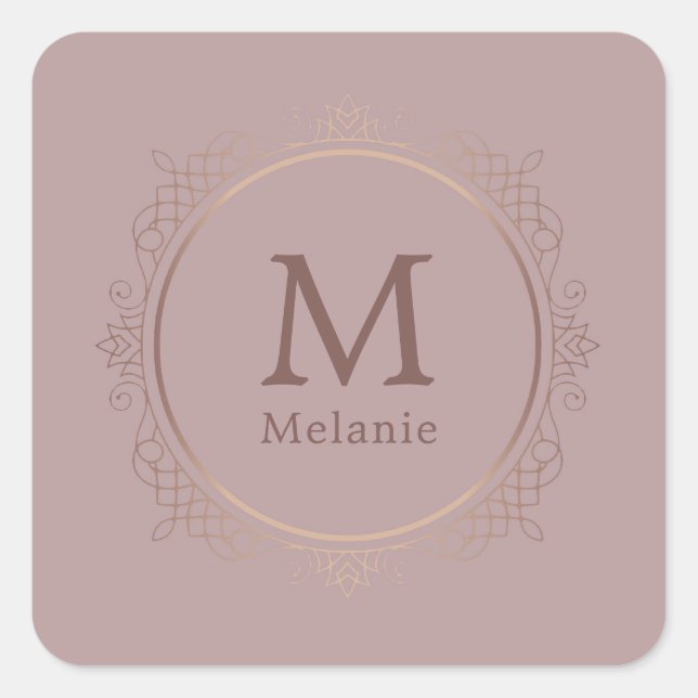 Rose Gold Trendy Monogram Elegant Template Quadratischer Aufkleber (Vorderseite)