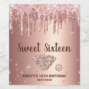 Rose Gold Tröpfchen Glitter & Diamond Sweet 16 Weinetikett