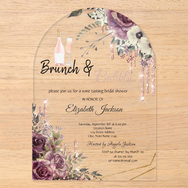 Rose Gold Tropfen BlumenBrautparty Acryleinladungen (Vorderseite)