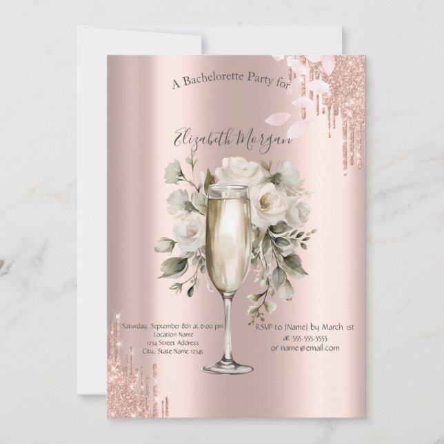Rose Gold Tropfen Blumenstrauß-Glass Bachelorette Einladung (Vorderseite)