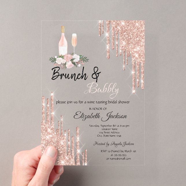 Rose Gold Tropfen Brunch & Bubbly Brautparty Acryleinladungen (Insitu (Handheld))