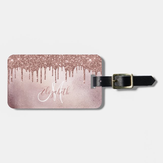 Rose Gold Tropfen Glitzer Monogramm Gepäck Gepäckanhänger (Vorderseite horizontal)