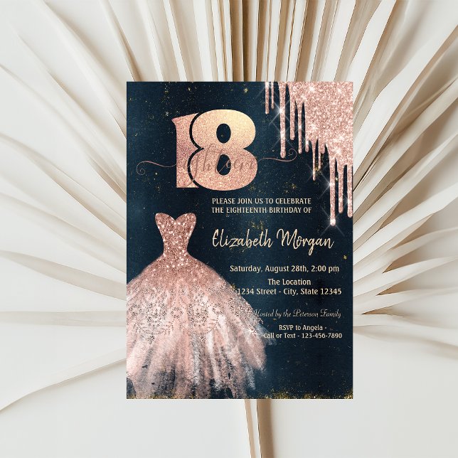 Rose Gold Tropfen Kleid, Dunkelblau 18. Geburtstag Einladung (Von Creator hochgeladen)