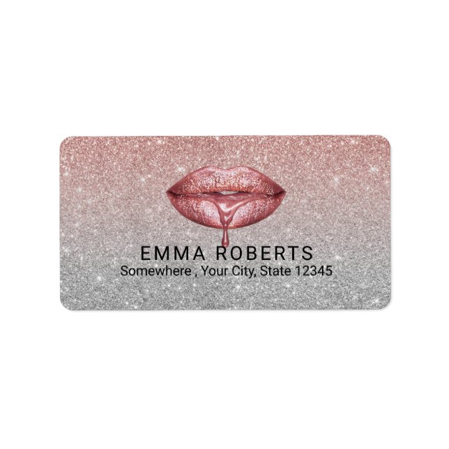 Rose Gold Tropfen Lippen Silber Glitzer Salon Adressaufkleber (Vorne)