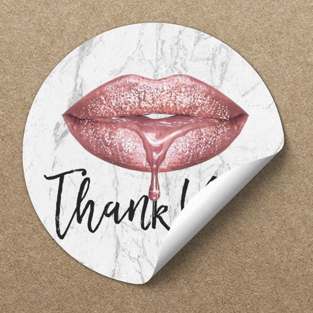 Rose Gold Tropfen Lips Weißer Marmor Vielen Dank Runder Aufkleber (Von Creator hochgeladen)