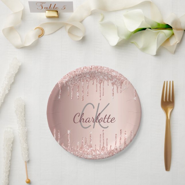 Rose Gold Tropfen Monogramm Luxus Pappteller (Hochzeit)