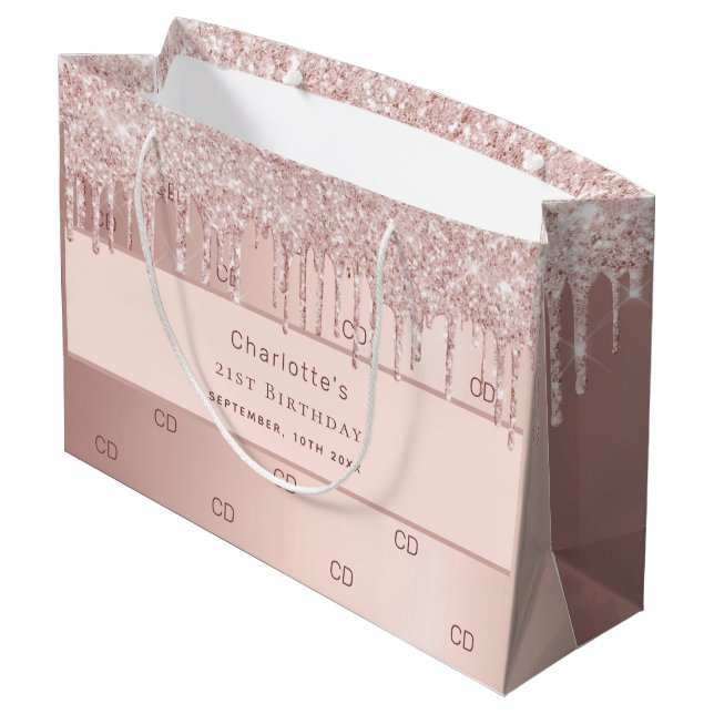 Rose Gold Tropfen Monogramm Muster Große Geschenktüte (Rückseite Schrägansicht)