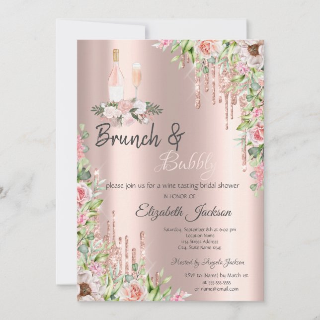 Rose Gold Tropfen Rose Brunch & Bubbly Einladung (Vorderseite)