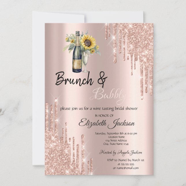Rose Gold Tropfen Sonnenblumen Brautparty Einladung (Vorderseite)